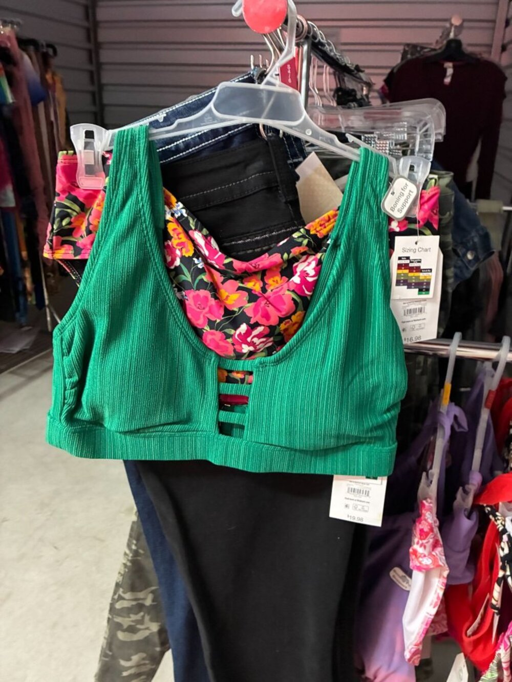 Green Ribbed Bikini Top & Floral High-Waist Bottoms XL Adjustable Straps Boning
